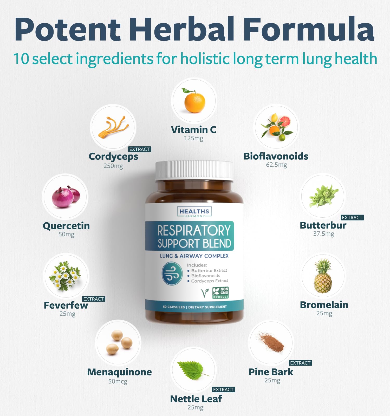 Healths Harmony ingredients quercetin bromelain citrus bioflavonoids promote easier breathing