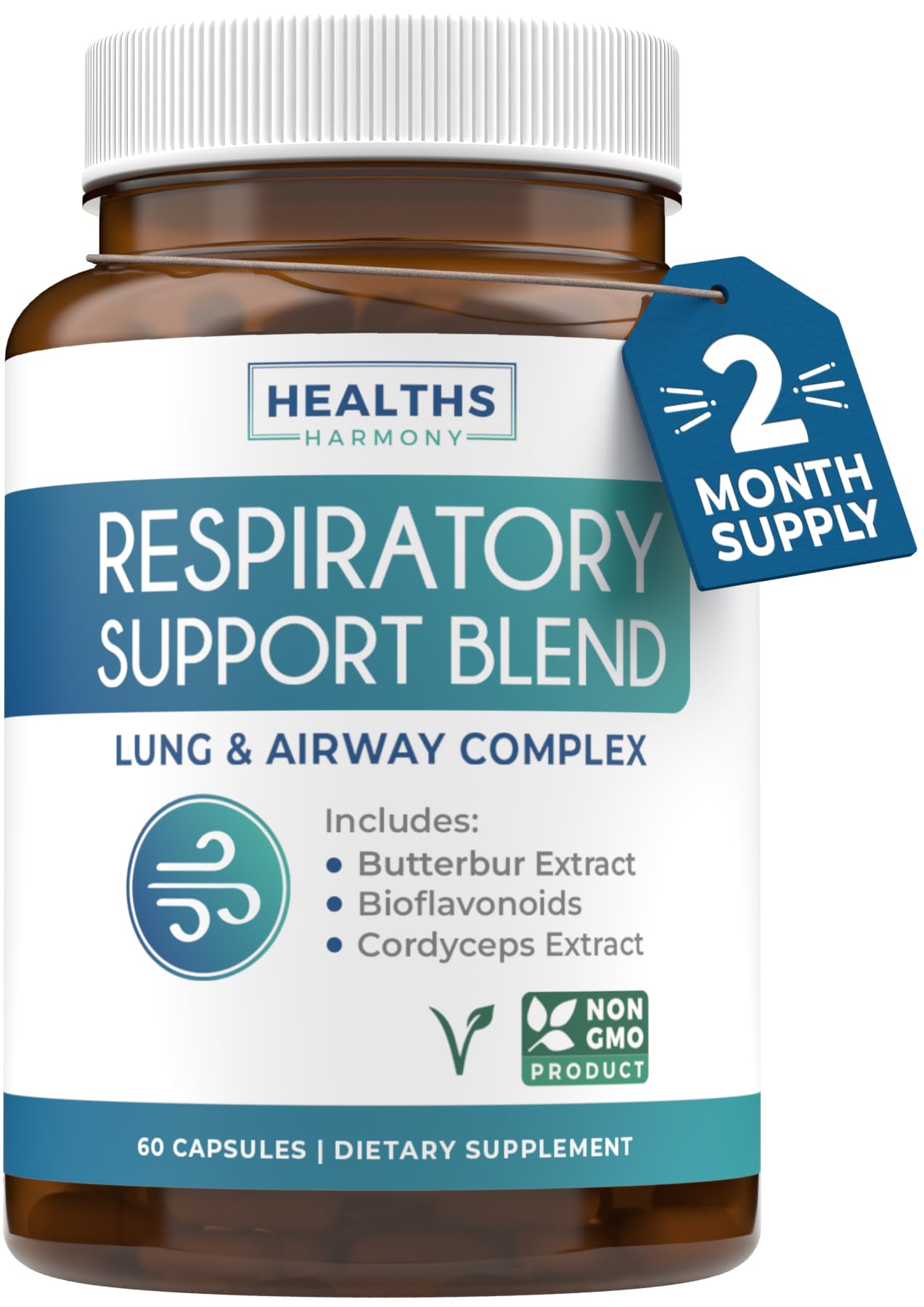 Healths Harmony respiratory lung health supplement bottle supports clear airways