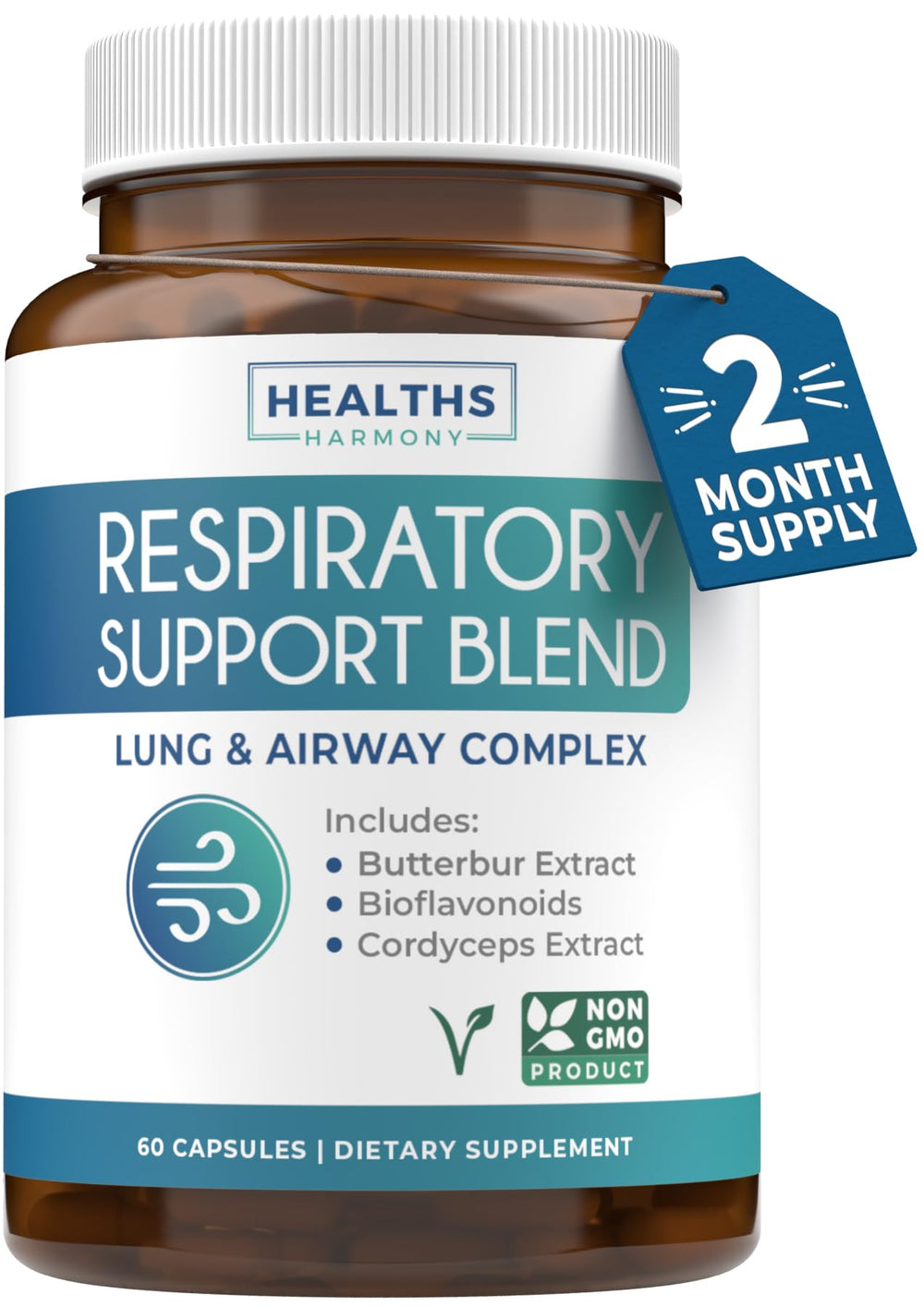 Healths Harmony respiratory lung health supplement bottle supports clear airways