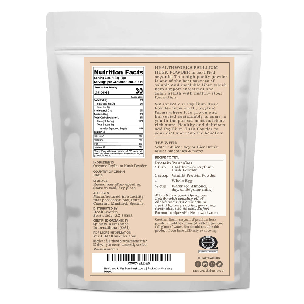 Back label view of Healthworks Organic Psyllium Husk Powder 32oz