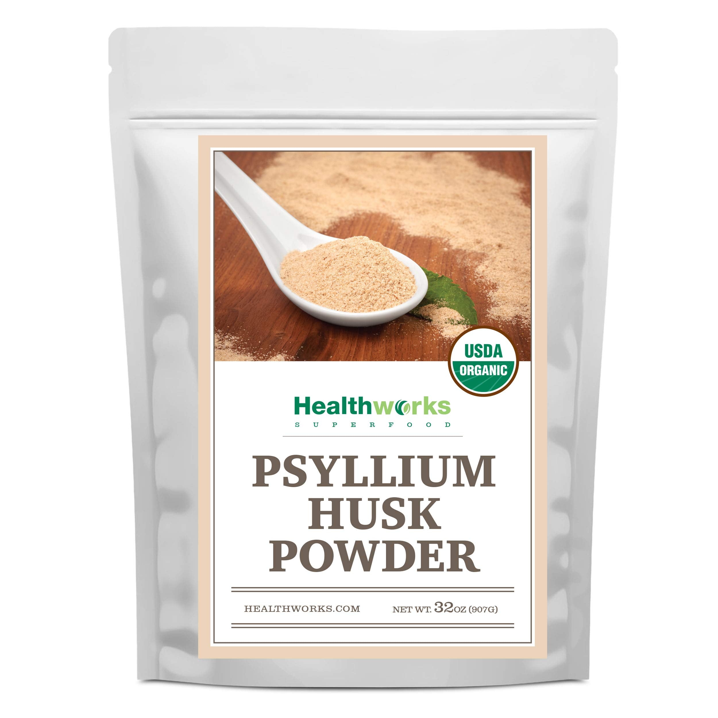 Front view of Healthworks Organic Psyllium Husk Powder 32 oz container