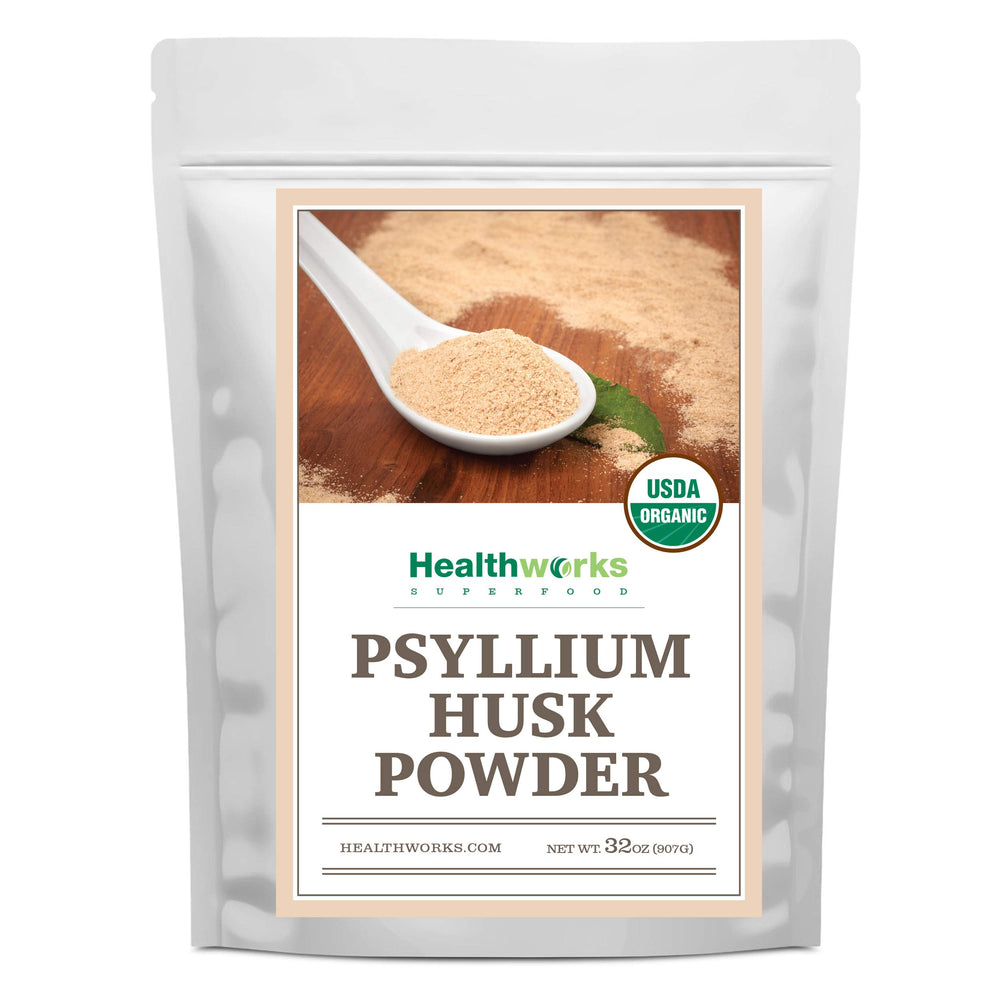 Front view of Healthworks Organic Psyllium Husk Powder 32 oz container
