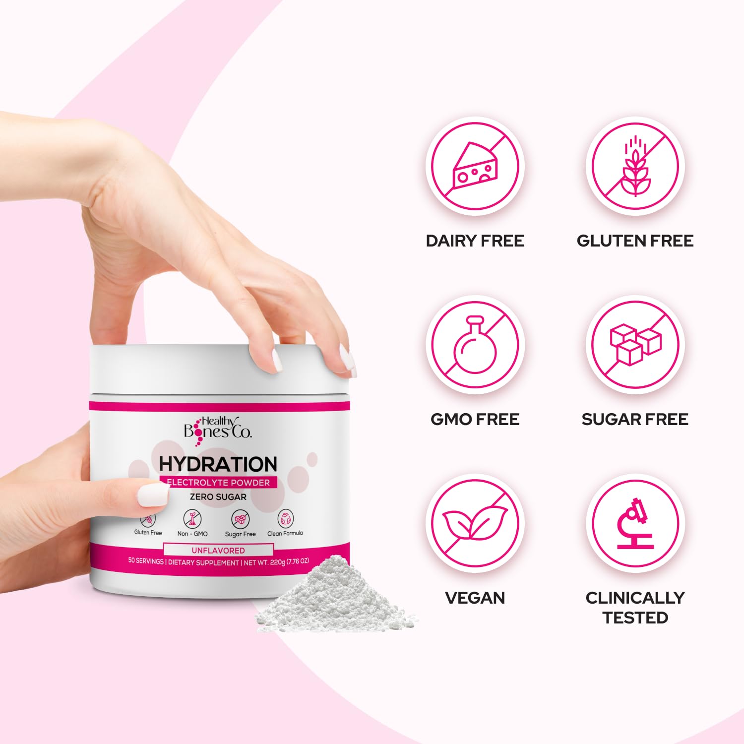 Healthy Bones Co keto vegan symbols indicating allergen-free hydration options.