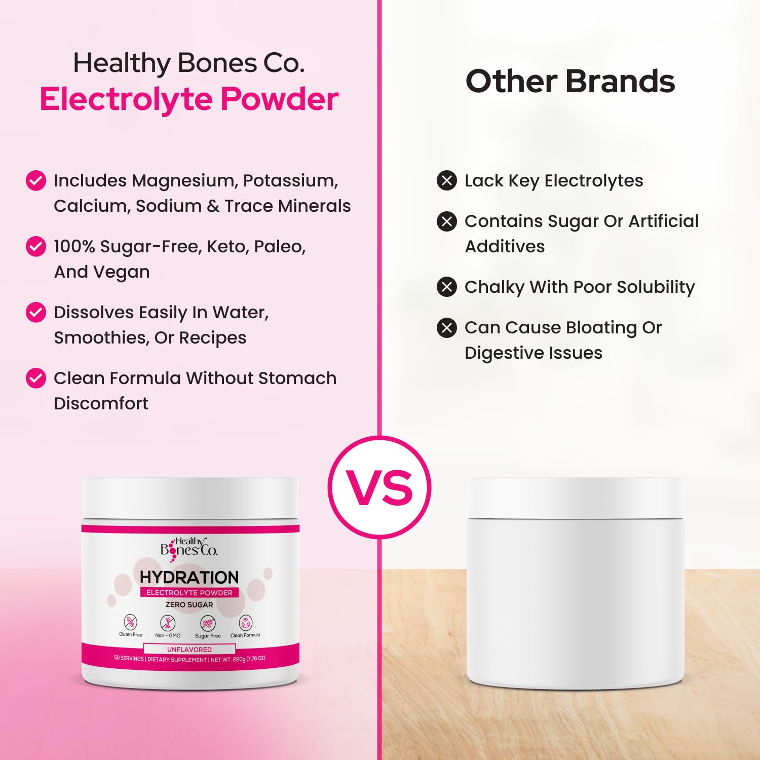 Healthy Bones Co ready-to-drink glass with ice emphasizing on-the-go hydration.