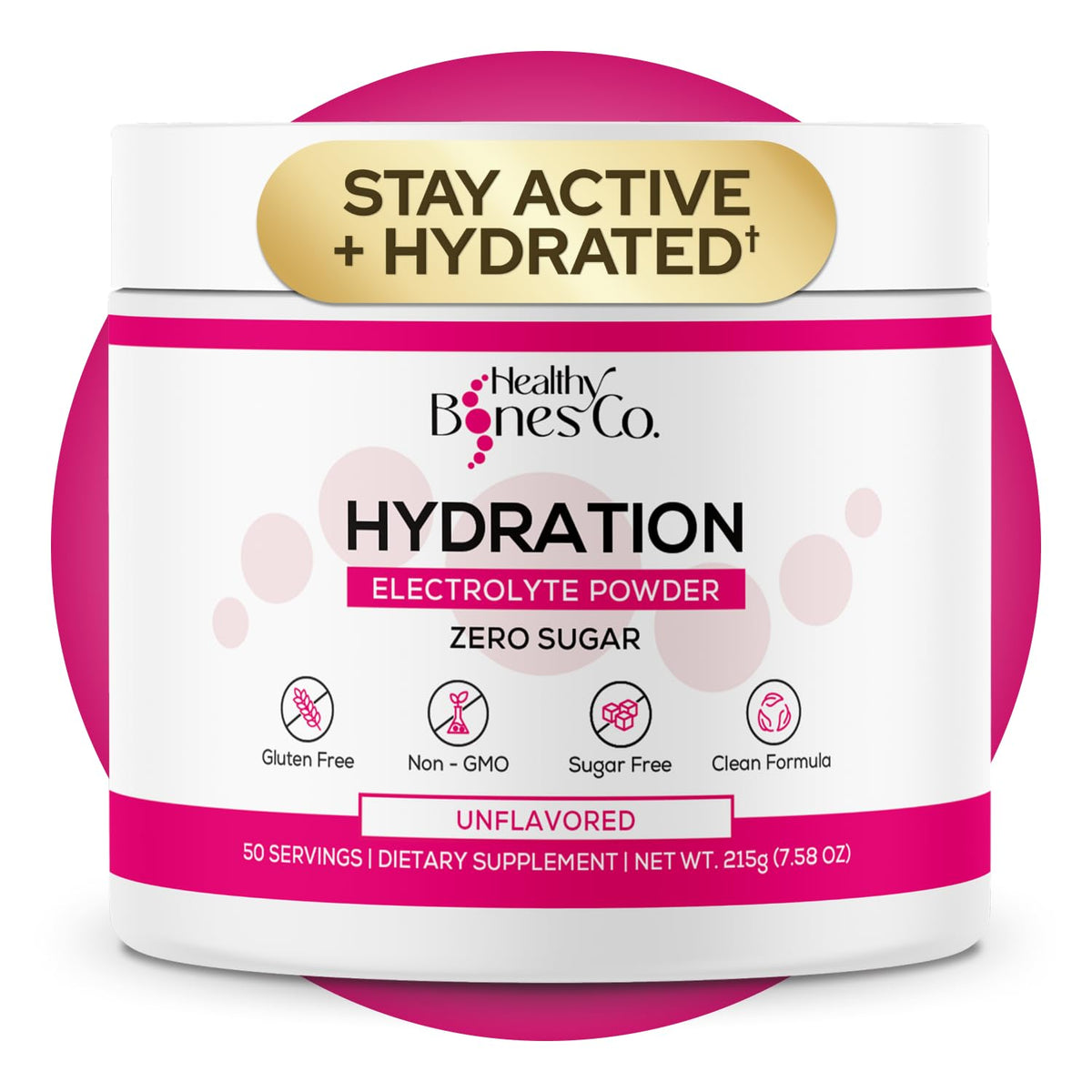 Healthy Bones Co sugar-free electrolyte powder bottle for quick hydration and mineral support.