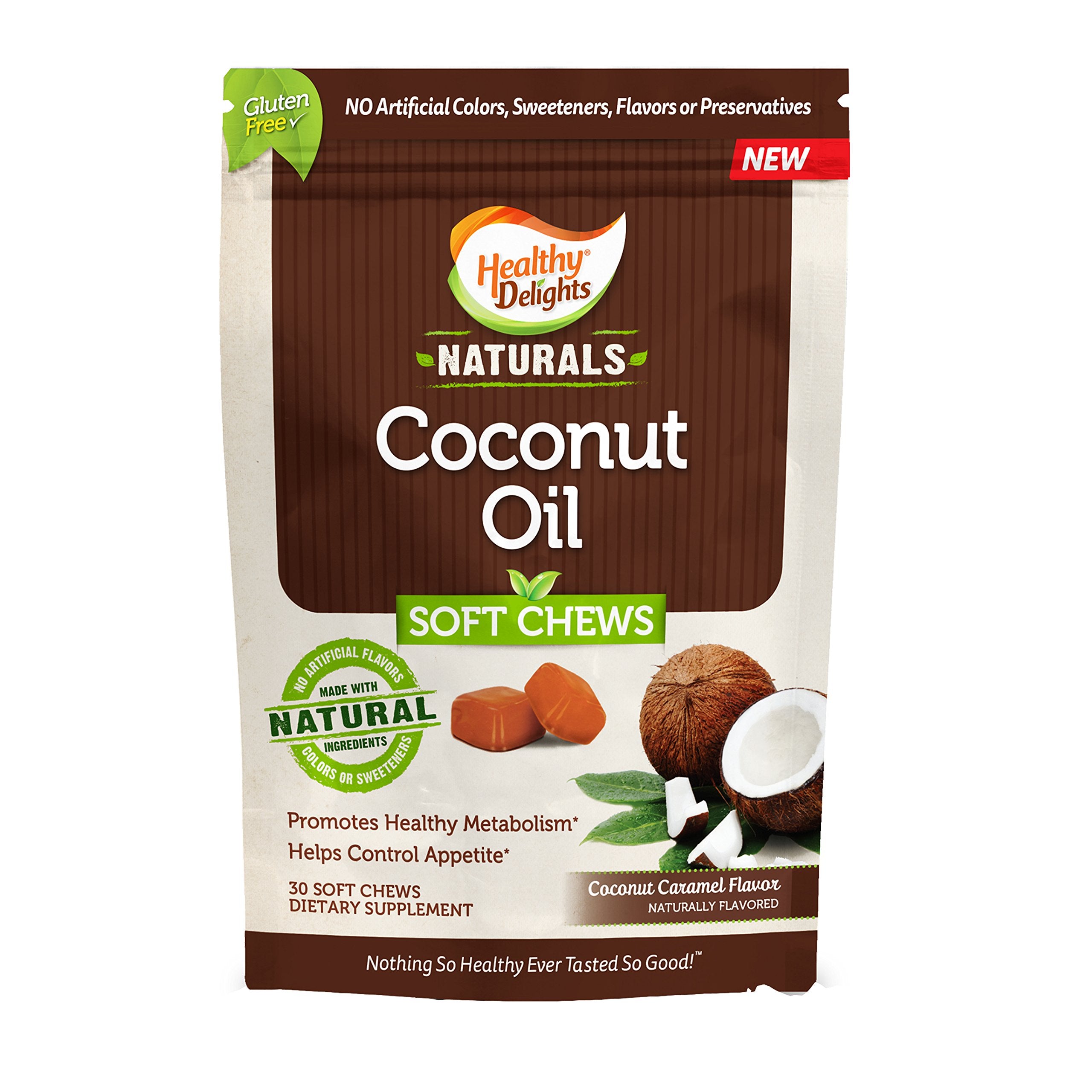 Front packaging view of Healthy Delight Naturals Coconut Oil Soft Chews