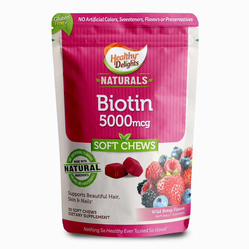 Bottle of Healthy Delights Naturals Biotin Soft Chews Wild Berry flavor