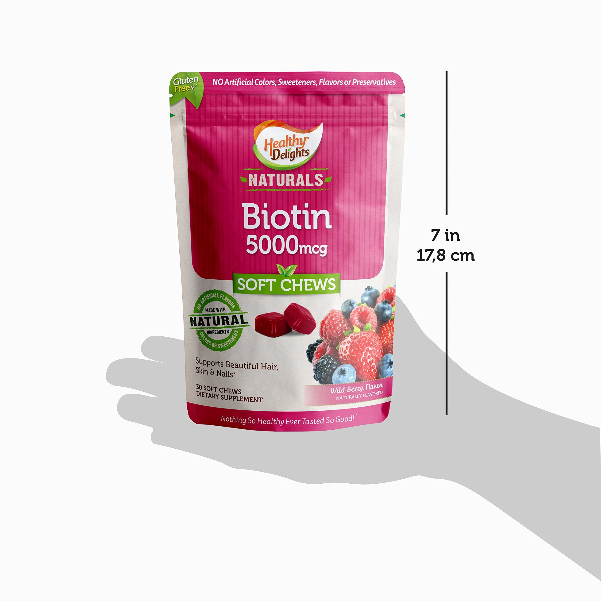 Healthy Delights Naturals Biotin branding on the bottle