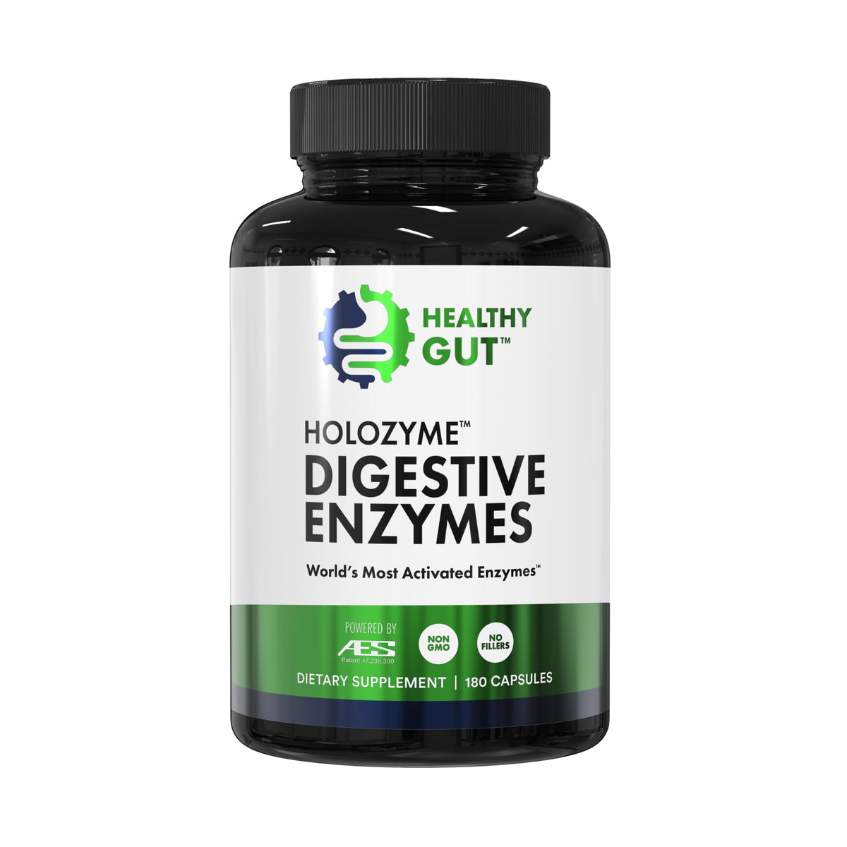 Bottle label of Healthy Gut HoloZyme Max Strength digestive enzymes