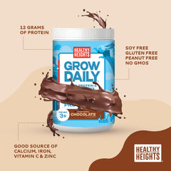 Healthy Heights Grow Daily Kids Protein Drink Mix chocolate close-up of ingredients showing protein and vitamins