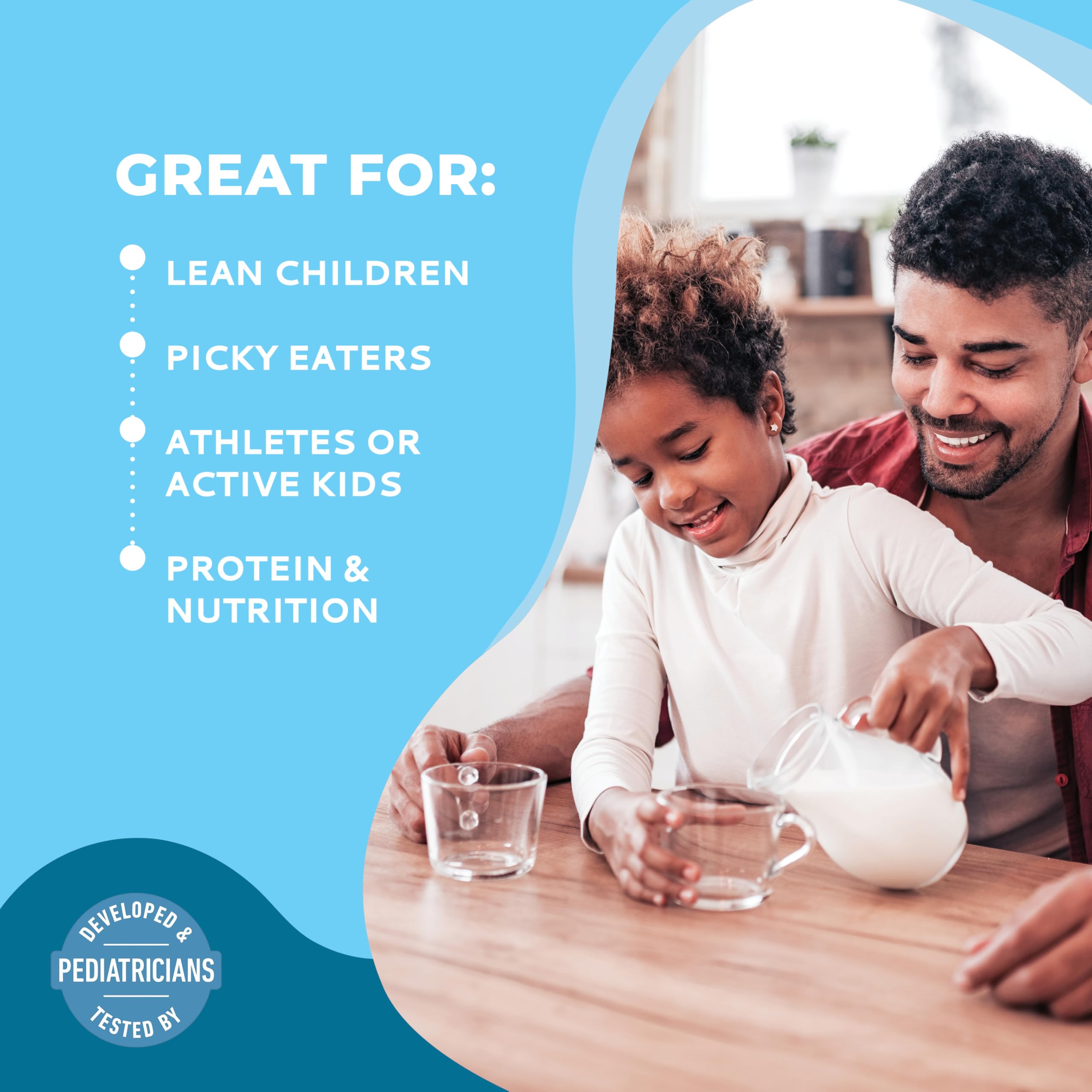 Healthy Heights Grow Daily Kids Protein Drink Mix chocolate being poured for a creamy shake