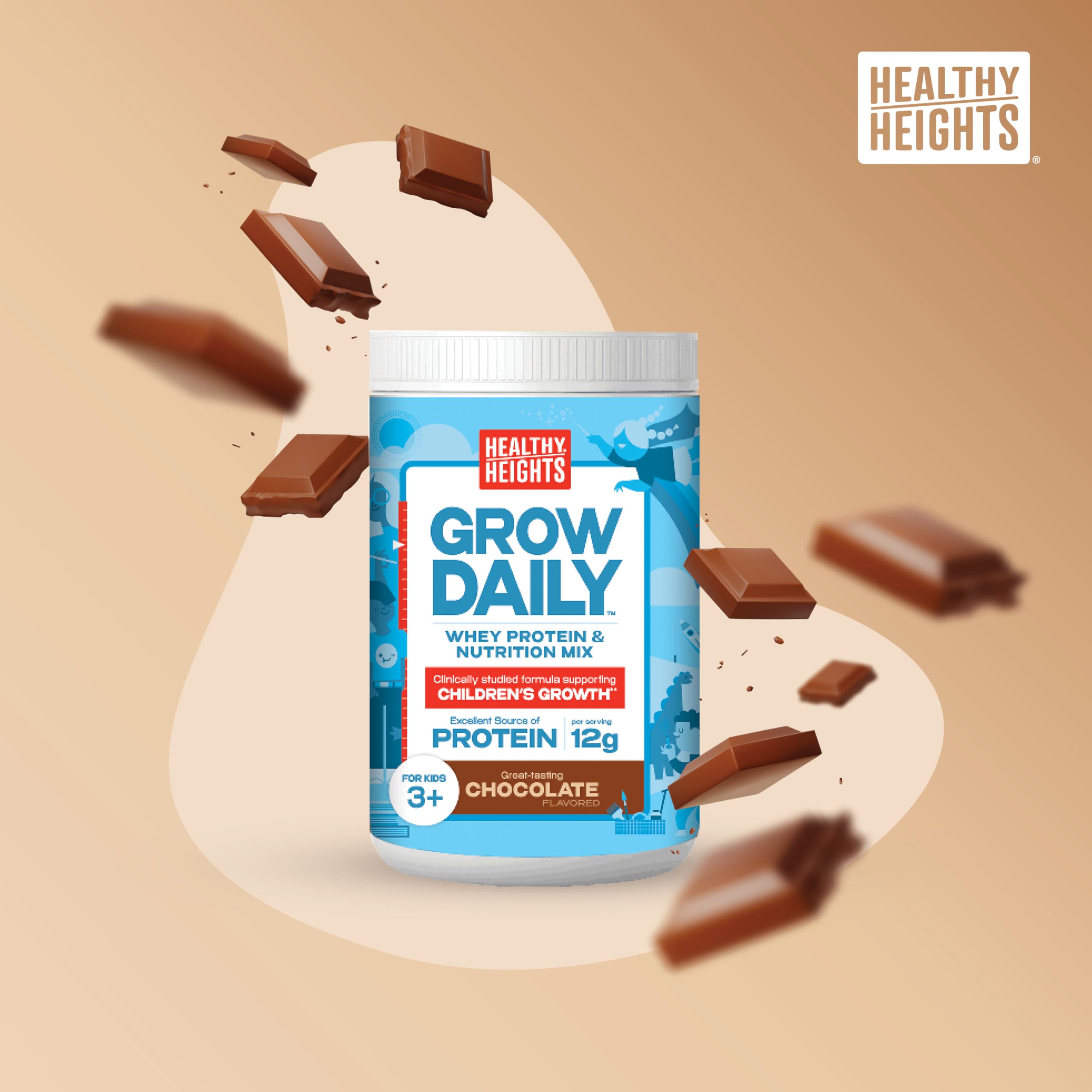 Healthy Heights Grow Daily Kids Protein Drink Mix chocolate being poured for a creamy shake