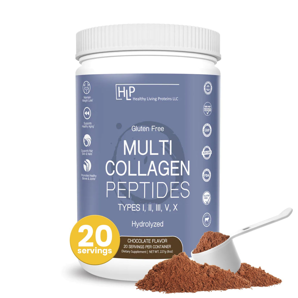 Healthy Living Proteins chocolate-flavored multi collagen peptides 8 oz jar