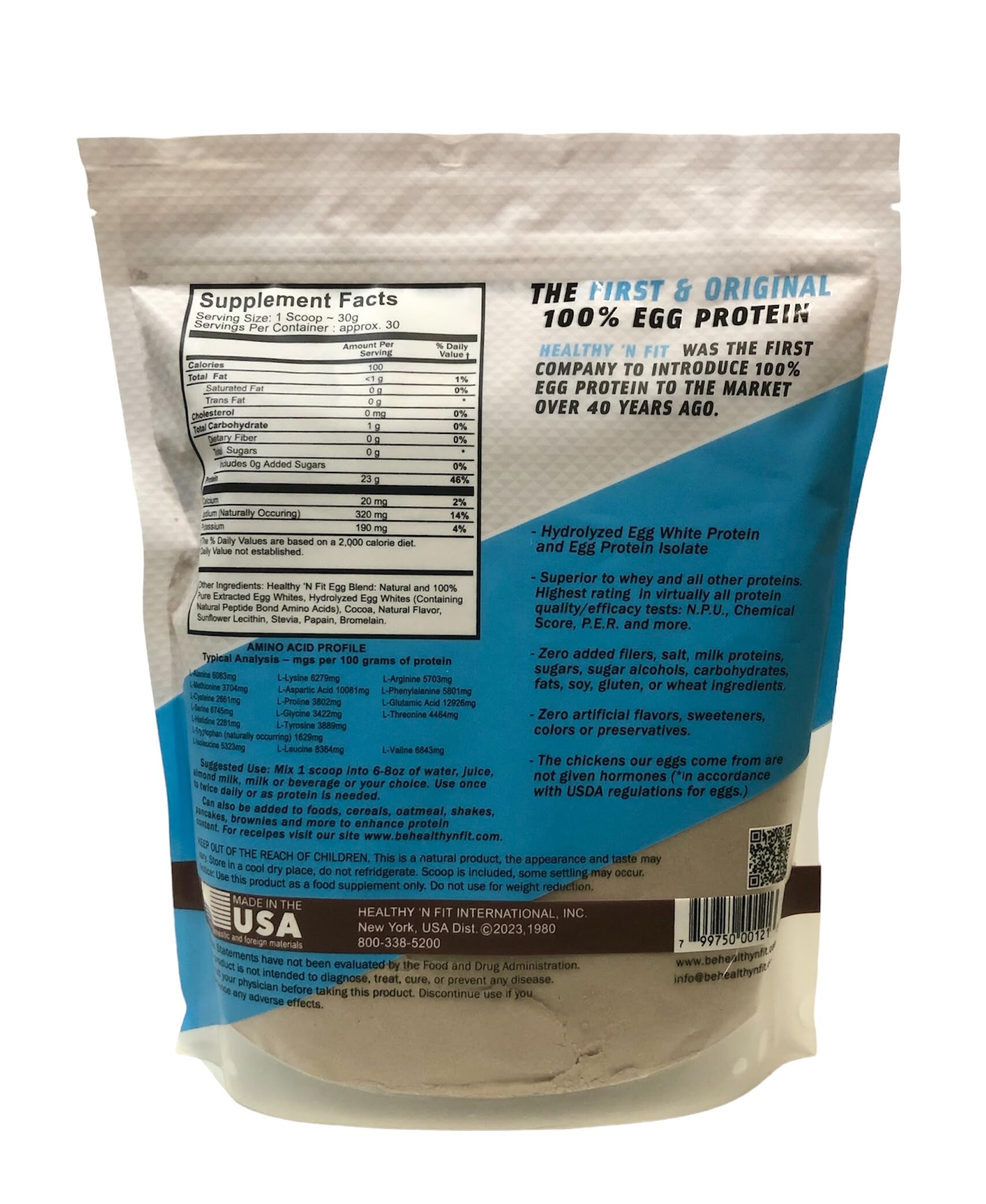 Healthy 'N Fit egg protein label closeup highlights natural sweetening and no artificial ingredients.