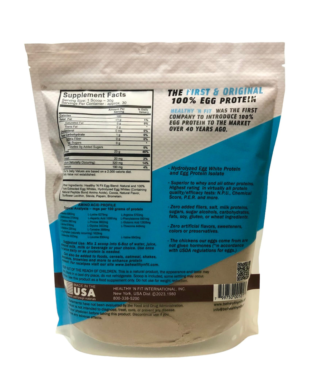 Healthy 'N Fit egg protein label closeup highlights natural sweetening and no artificial ingredients.