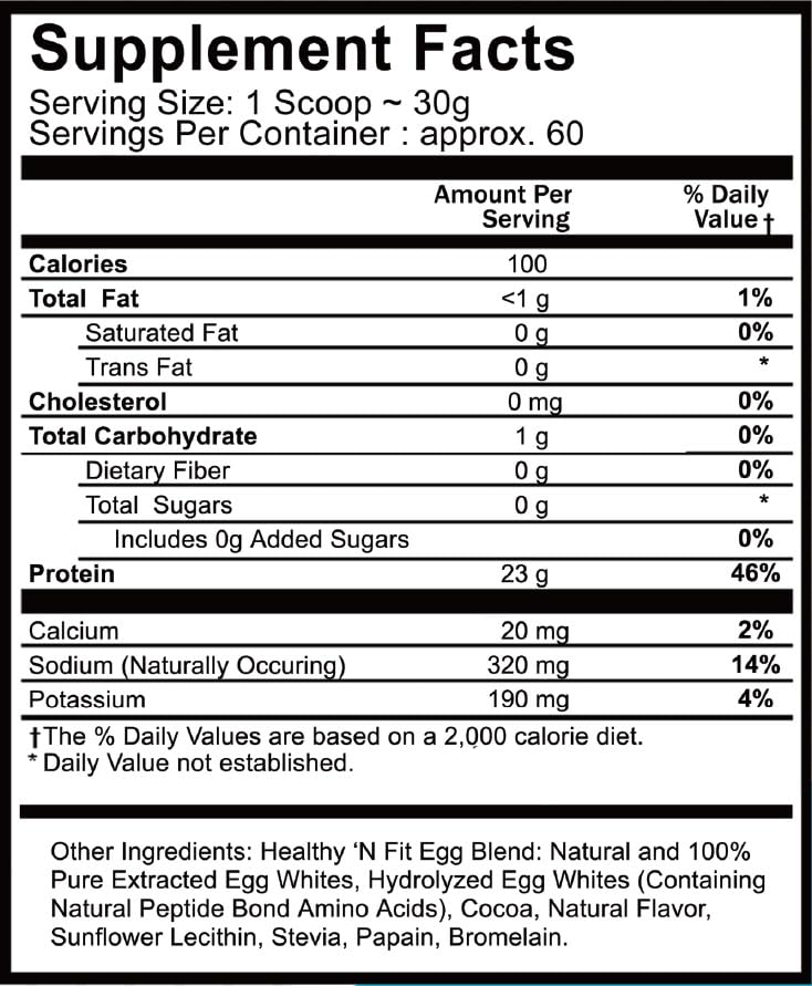 Healthy 'N Fit egg protein chocolate-label: showcases purity and lactose-free nutrition.