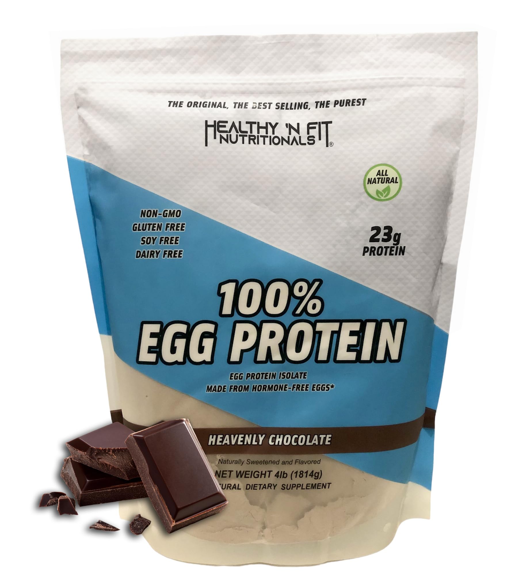 Healthy 'N Fit egg protein chocolate-tub: pure egg white protein for post-workout fueling.