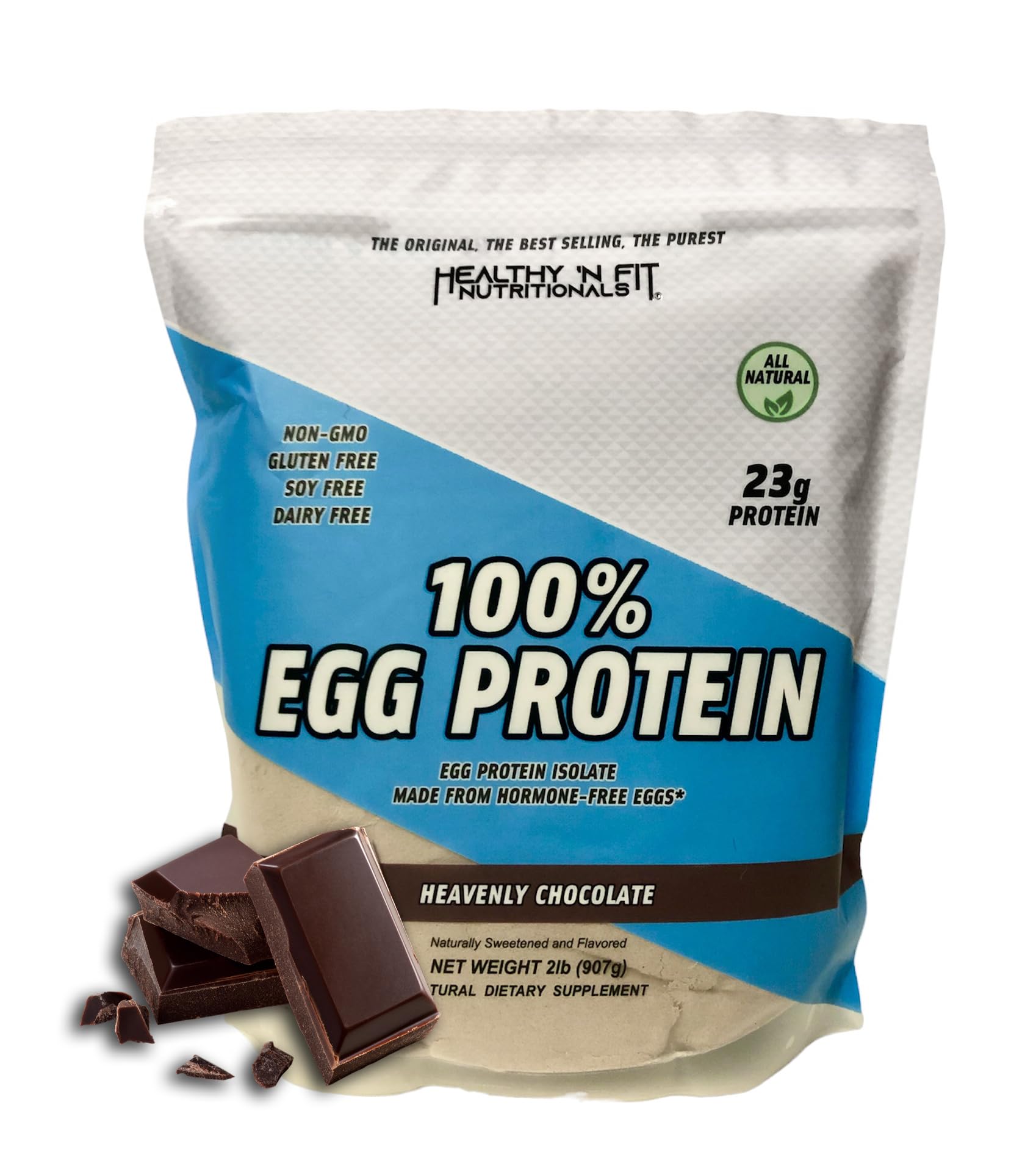 Healthy 'N Fit Heavenly Chocolate egg protein tub front, highlighting ultra-pure egg white protein for lean nutrition.