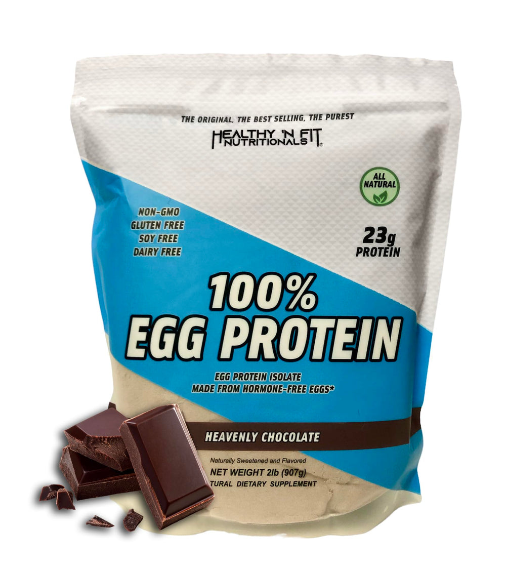 Healthy 'N Fit Heavenly Chocolate egg protein tub front, highlighting ultra-pure egg white protein for lean nutrition.
