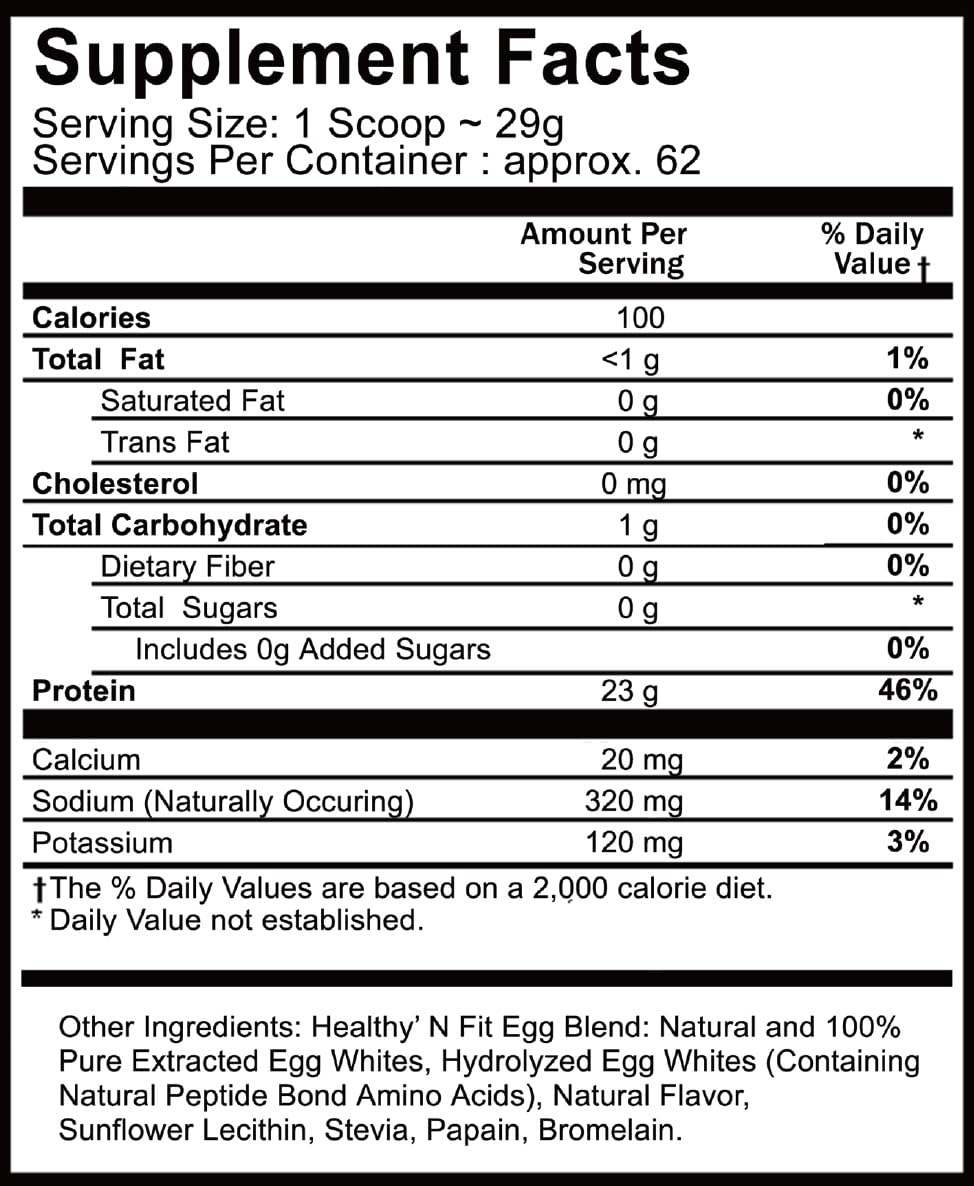 Back label with nutritional information for Healthy N Fit 100% Egg Protein Vanilla 4lb