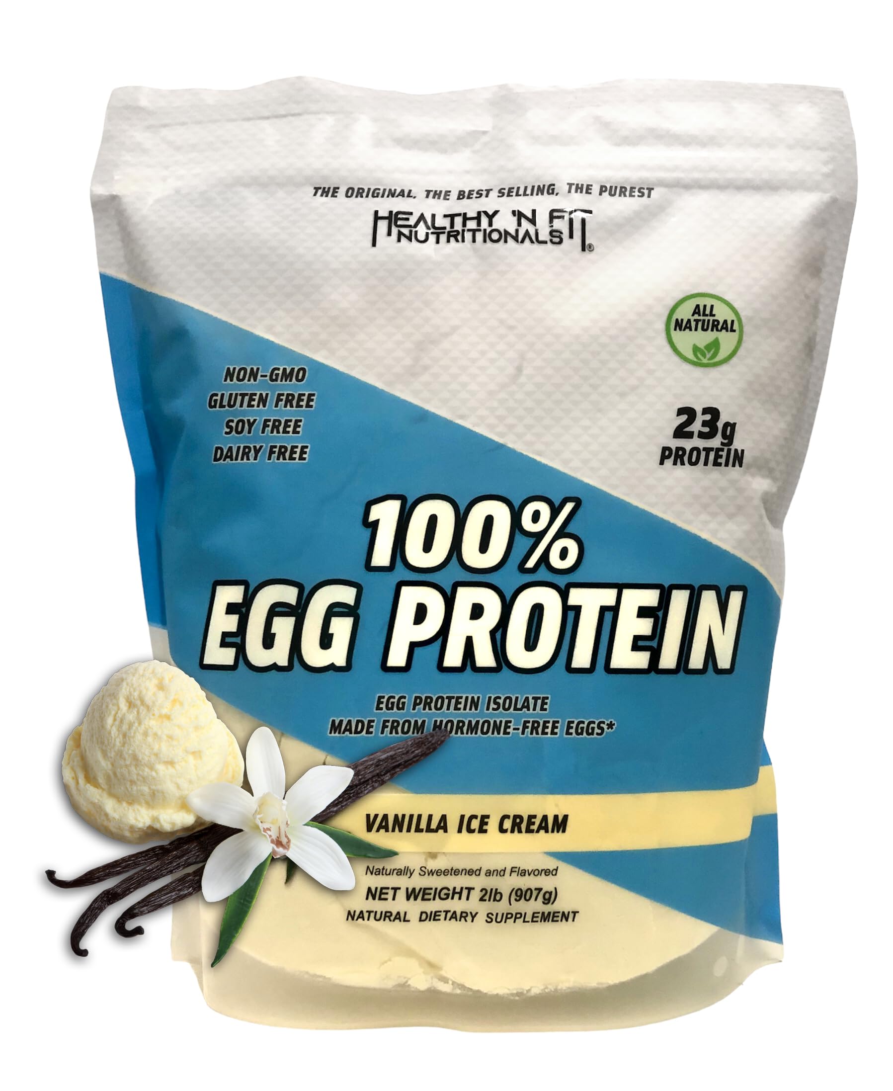 Healthy 'N Fit egg protein vanilla ice cream bottle shows pure egg white nutrition.