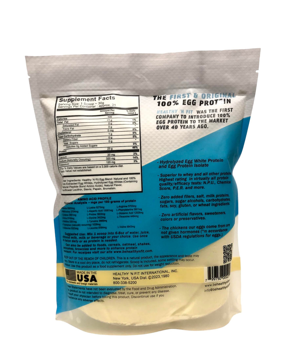 Healthy 'N Fit egg protein vanilla powder scoop highlights natural flavor with no artificial ingredients.