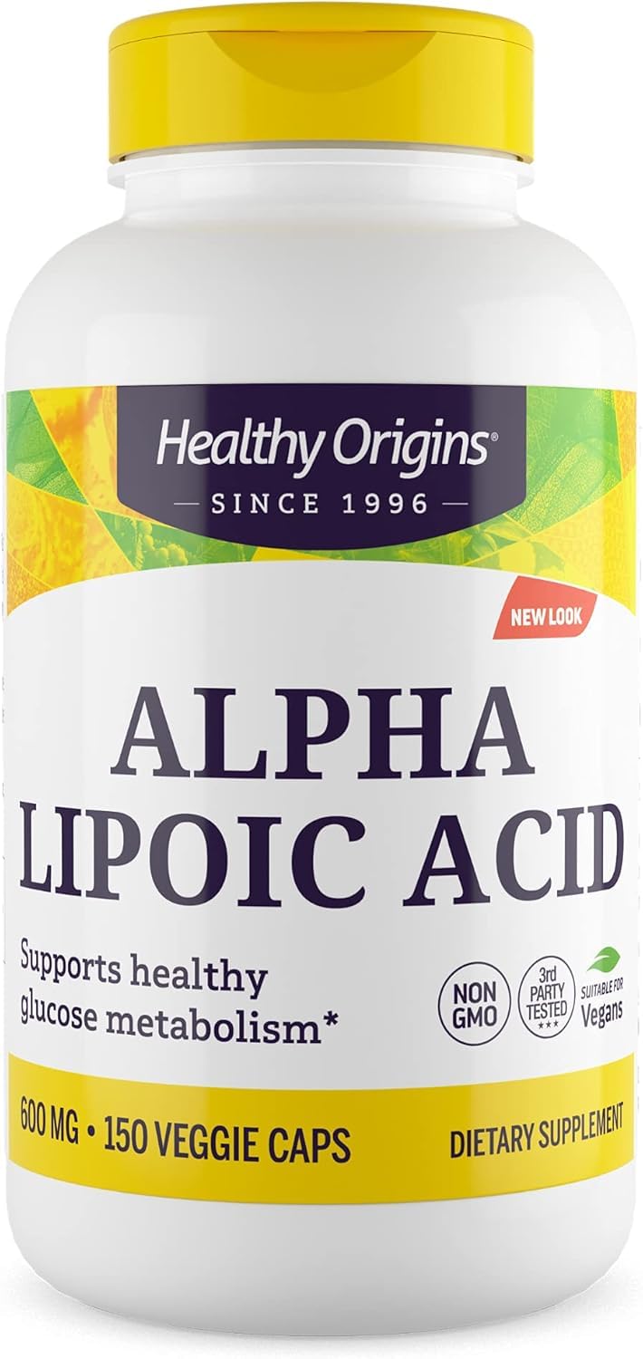Healthy Origins Alpha Lipoic Acid bottle – gluten-free antioxidant support for daily vitality.