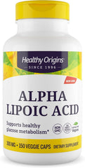 Healthy Origins Alpha Lipoic Acid bottle displays 300 mg ALA for energy support and antioxidant protection.