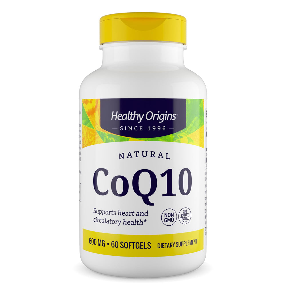 Front view of Healthy Origins CoQ10 600 mg bottle with label