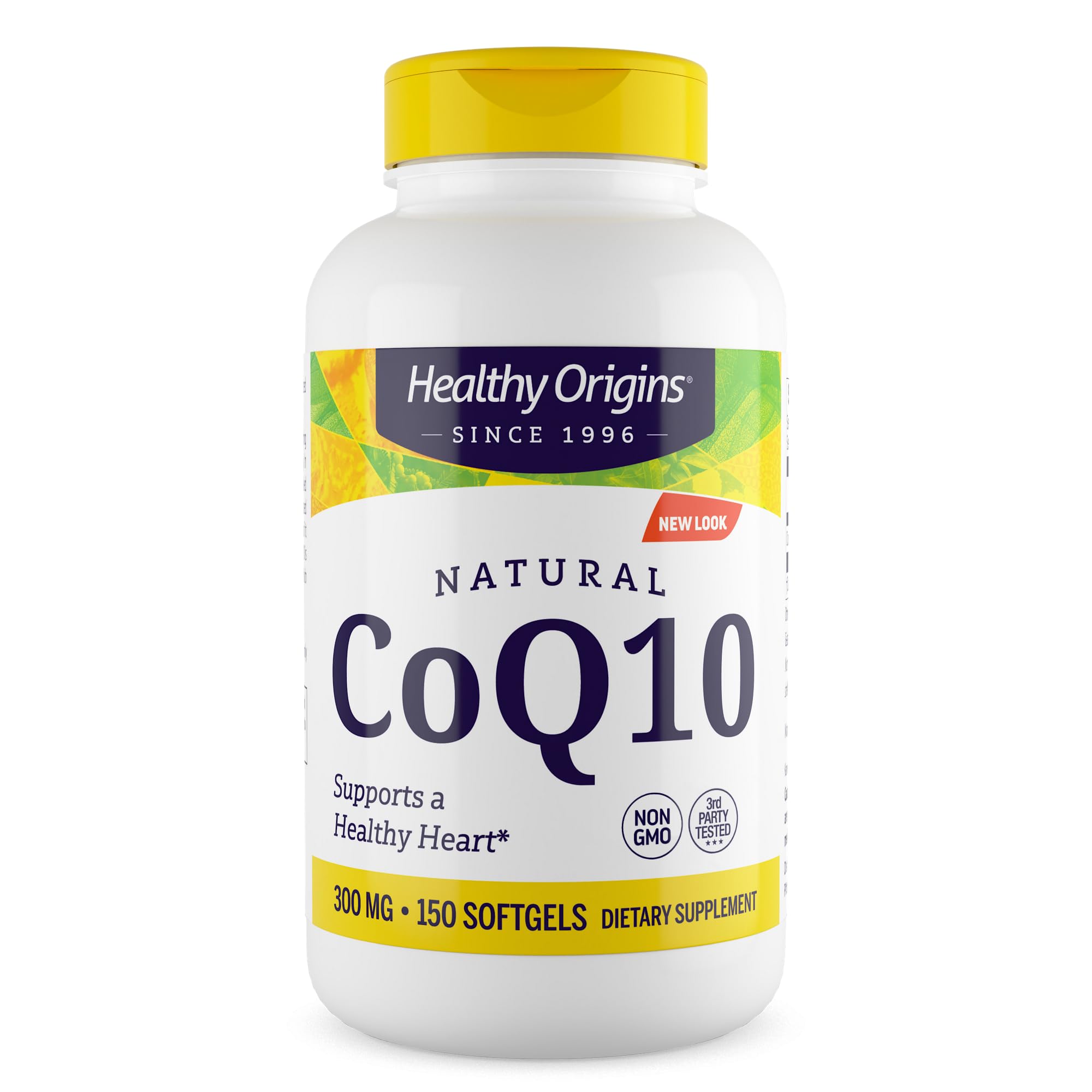 Healthy Origins CoQ10 bottle front view highlights branding and dosage for energy support.