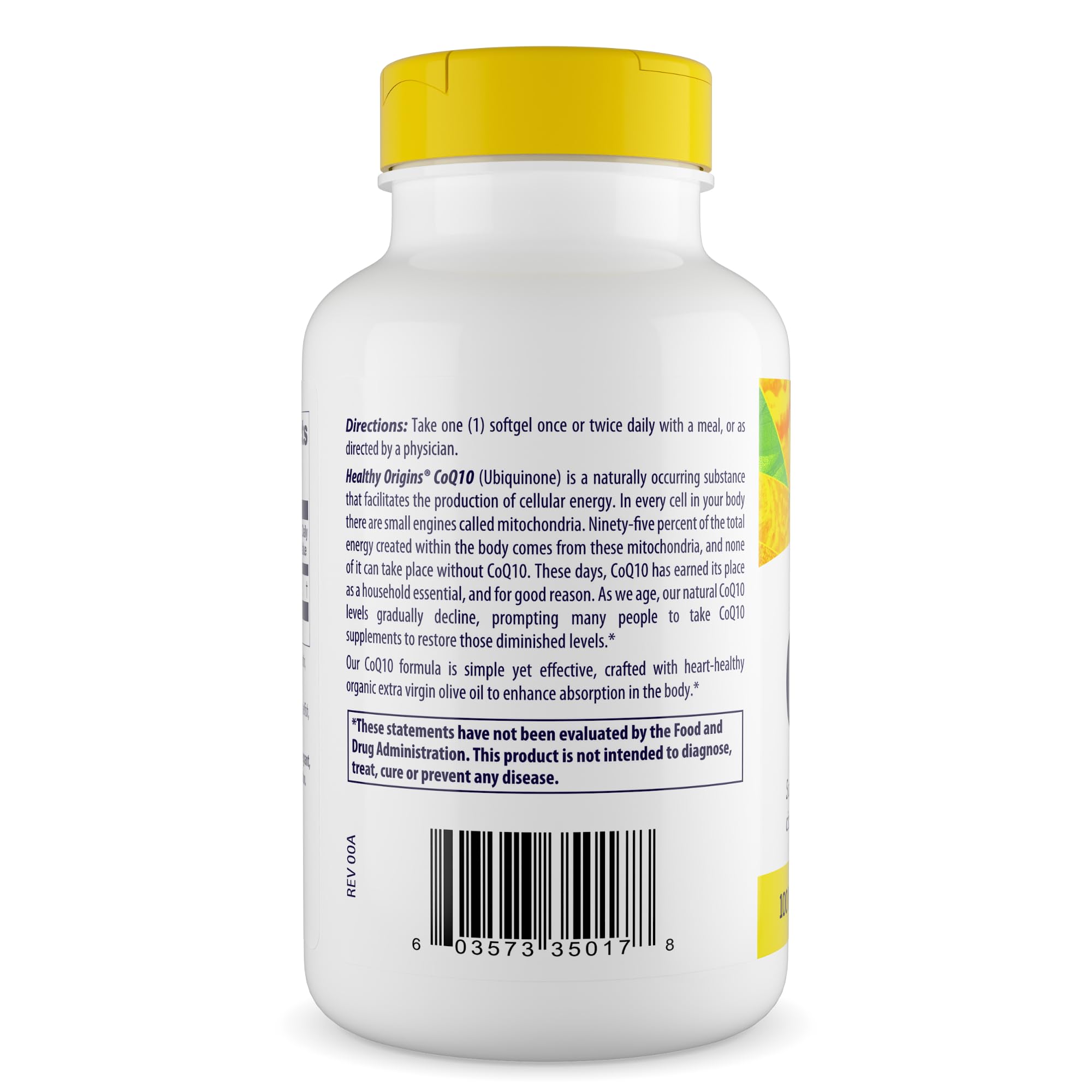 Healthy Origins CoQ10 label – non-GMO, yeast-fermented ubiquinone quality.