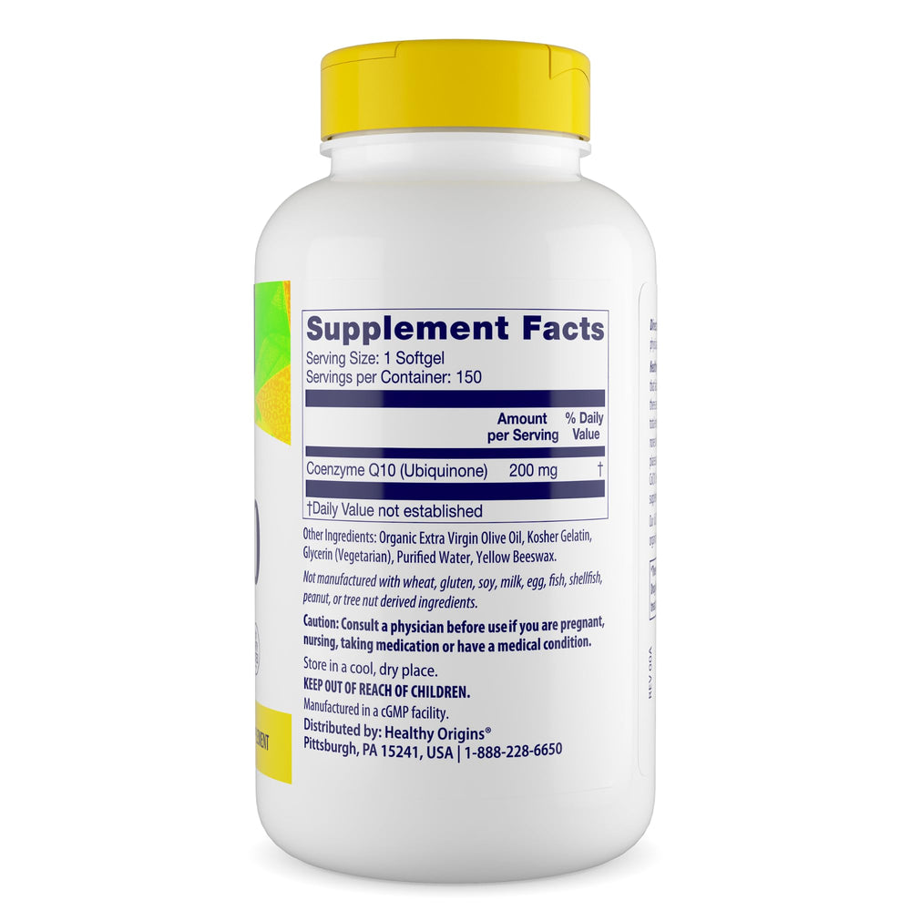 Healthy Origins CoQ10 icon emphasizes non-GMO ingredients for trust.