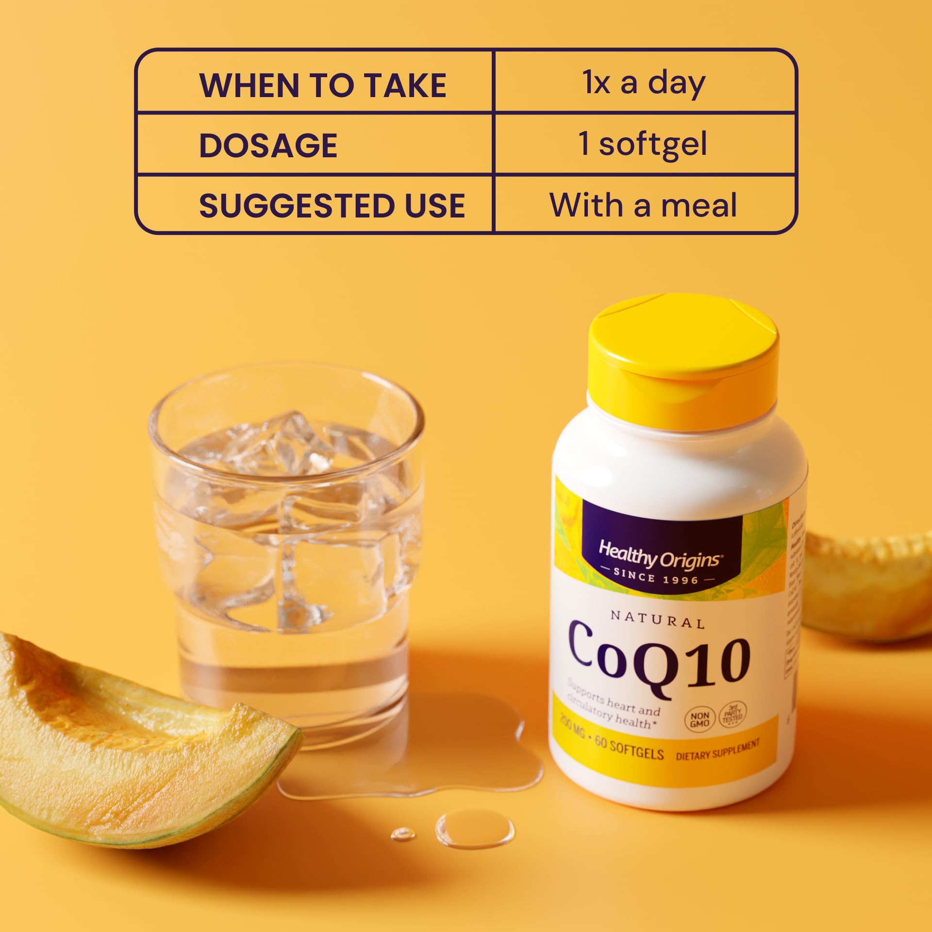 Healthy Origins CoQ10 serving plate shows 150 softgels included.
