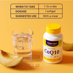 Healthy Origins CoQ10 softgels – oil-based delivery for absorption.