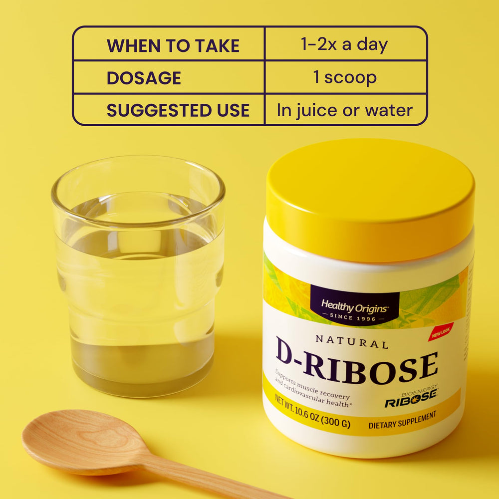 Healthy Origins D-Ribose Powder pour stream illustrates convenient daily energy use