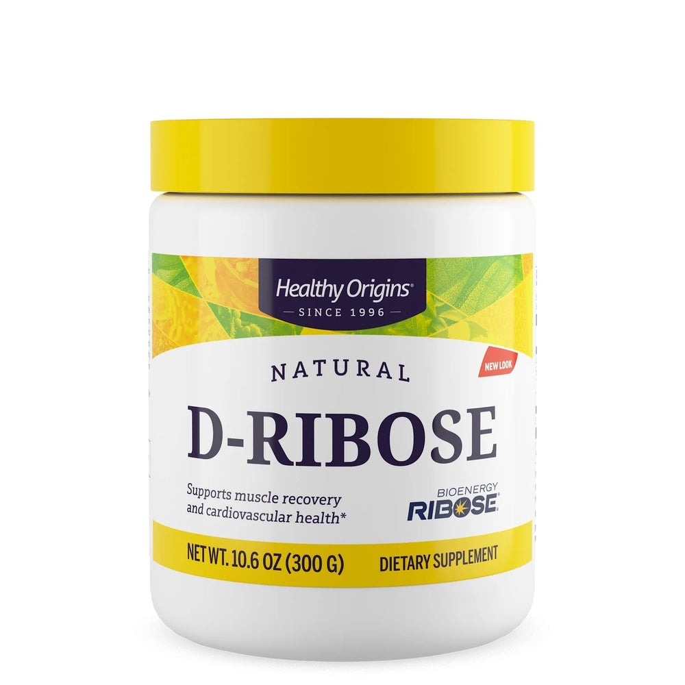 Healthy Origins D-Ribose Powder tub front highlights gluten-free, non-GMO energy support