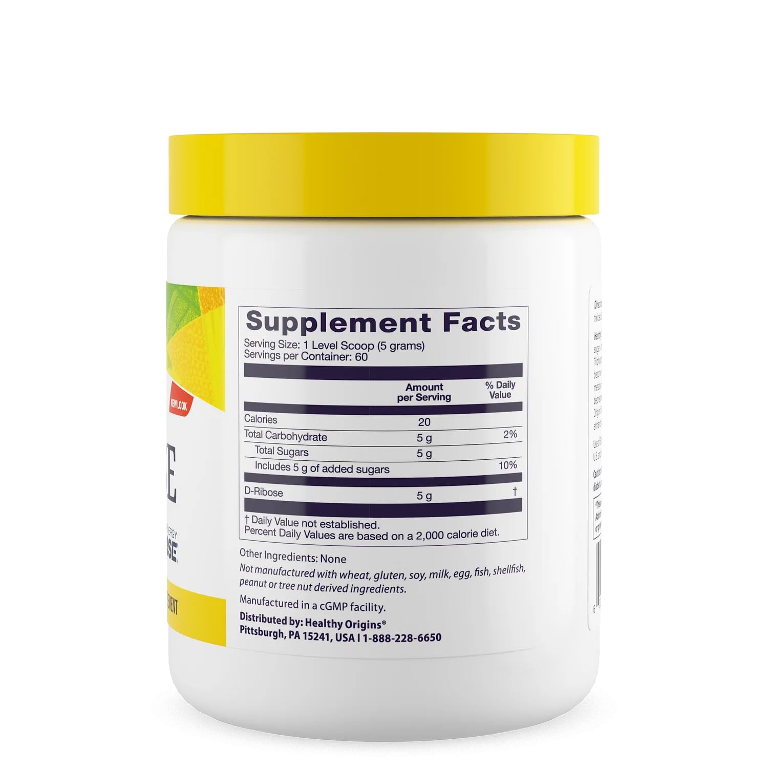 Healthy Origins D-Ribose Powder label close-up emphasizes purity and energy metabolism