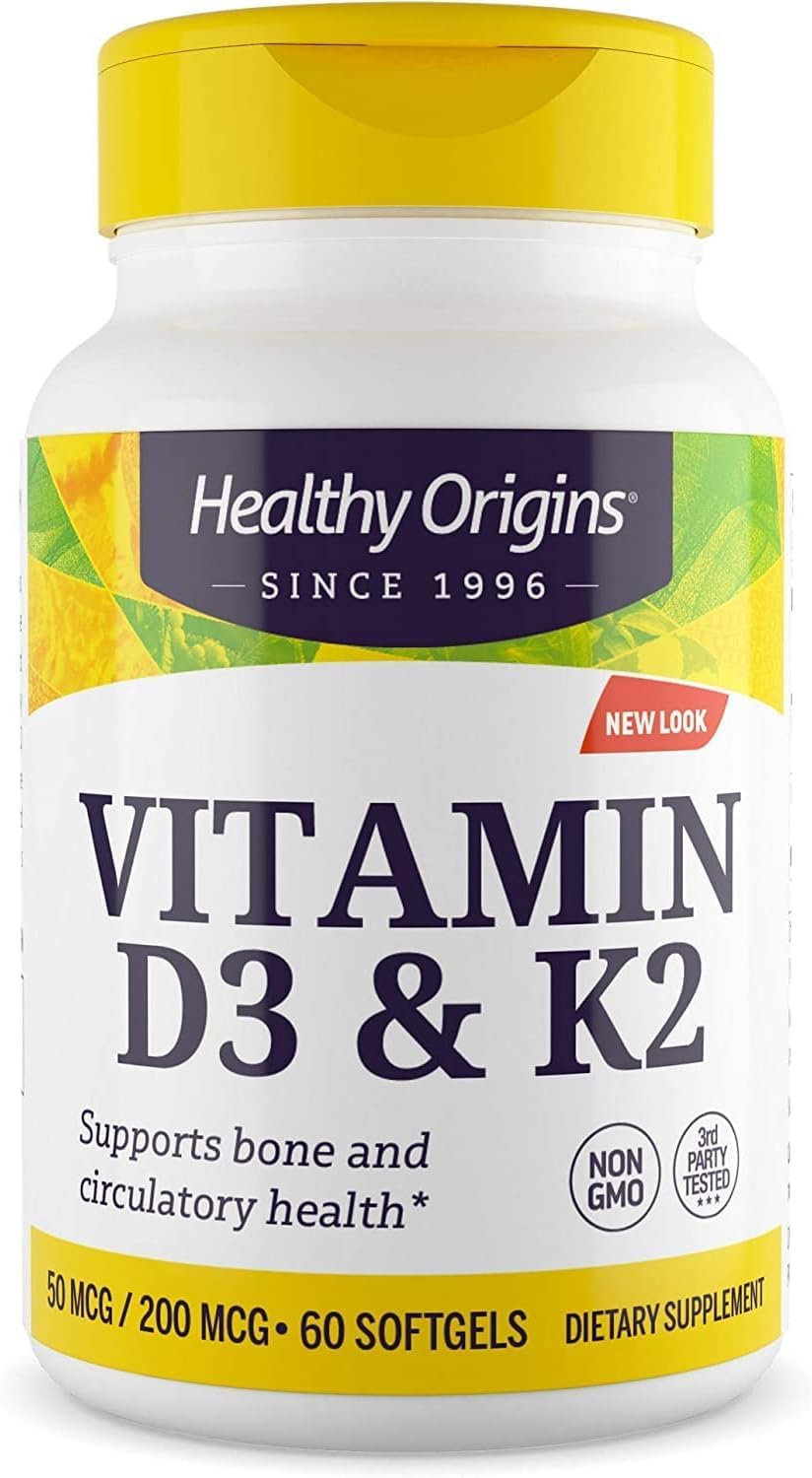 Healthy Origins Vitamin D3 & K2 bottle label showing D3 50 mcg and K2 200 mcg
