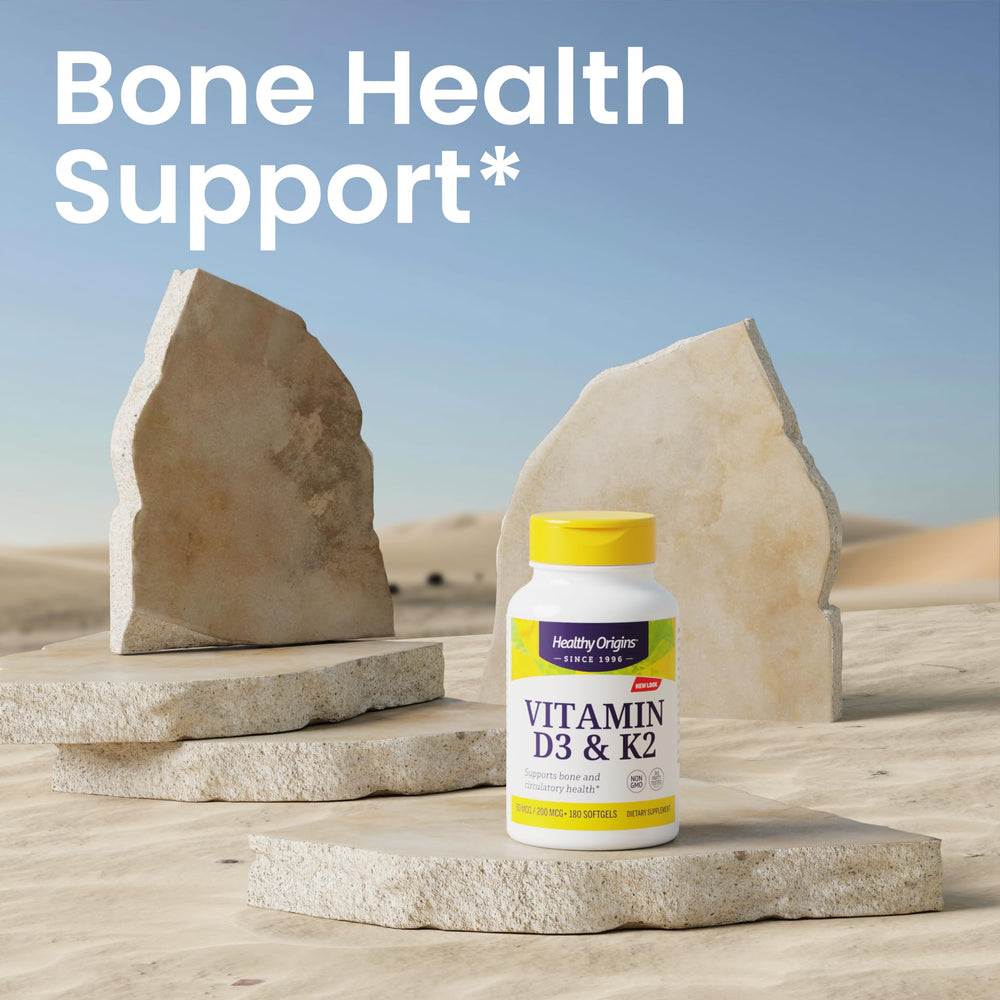 Bottle of Healthy Origins D3 & K2 on a white background