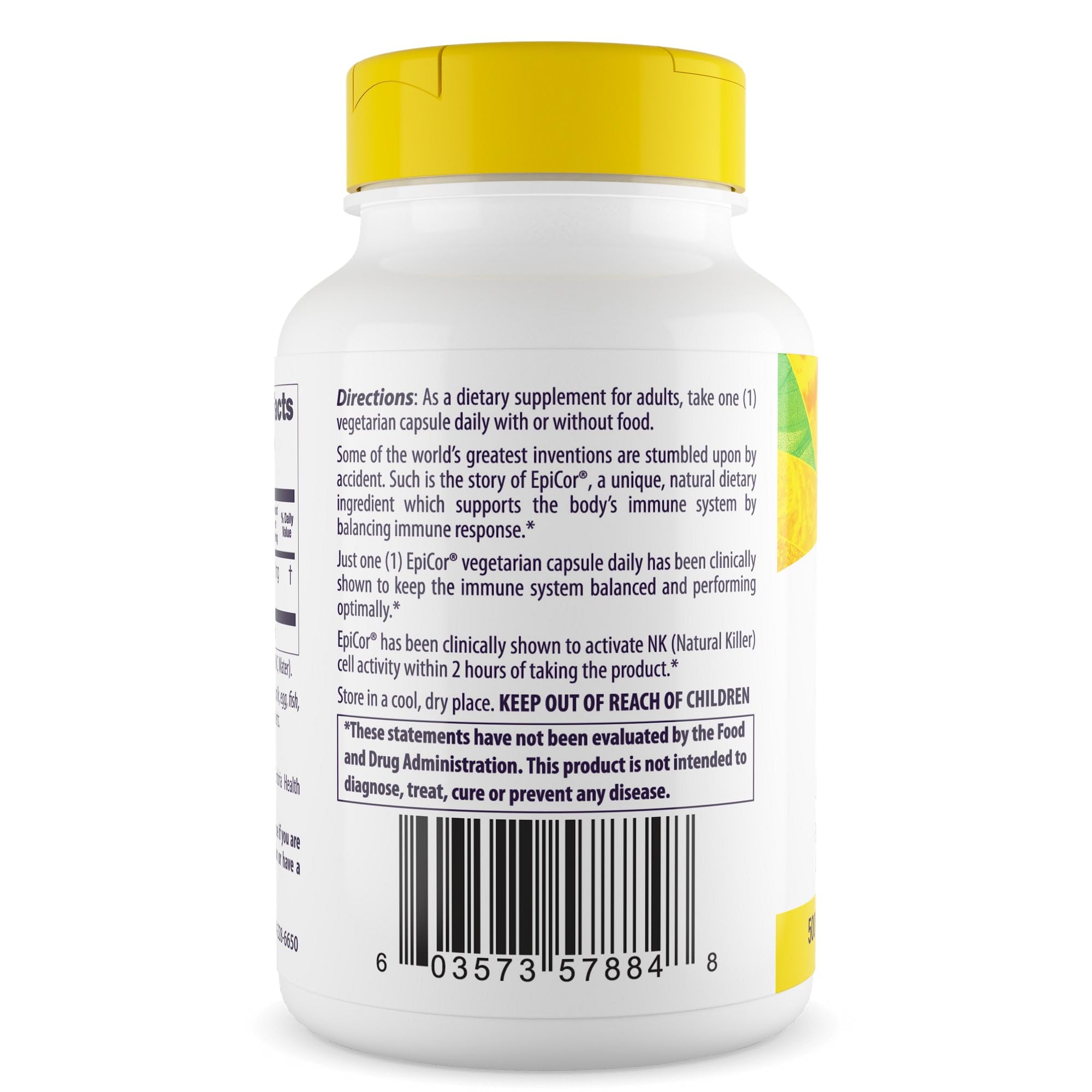 Close-up of EpiCor 500 mg label highlighting Non-GMO and Gluten Free