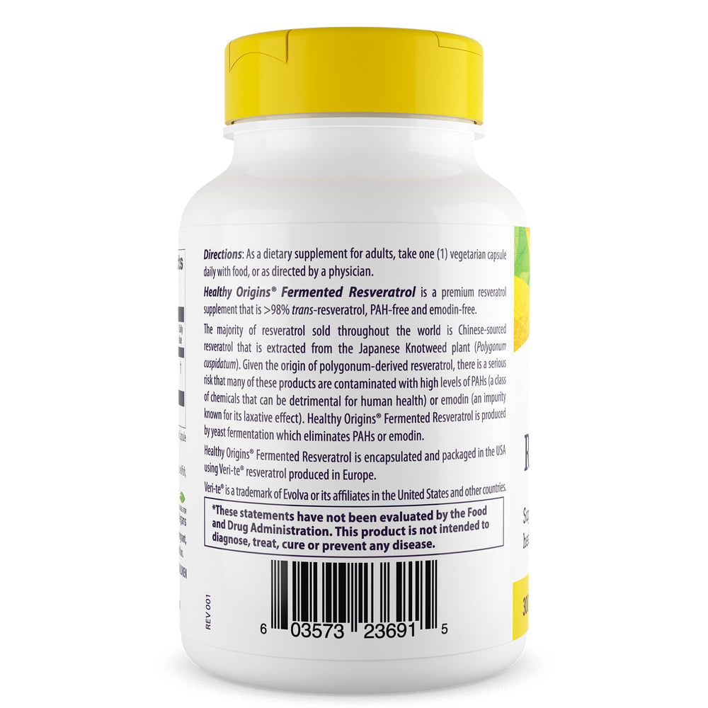 Healthy Origins fermented resveratrol capsules for convenient daily use.