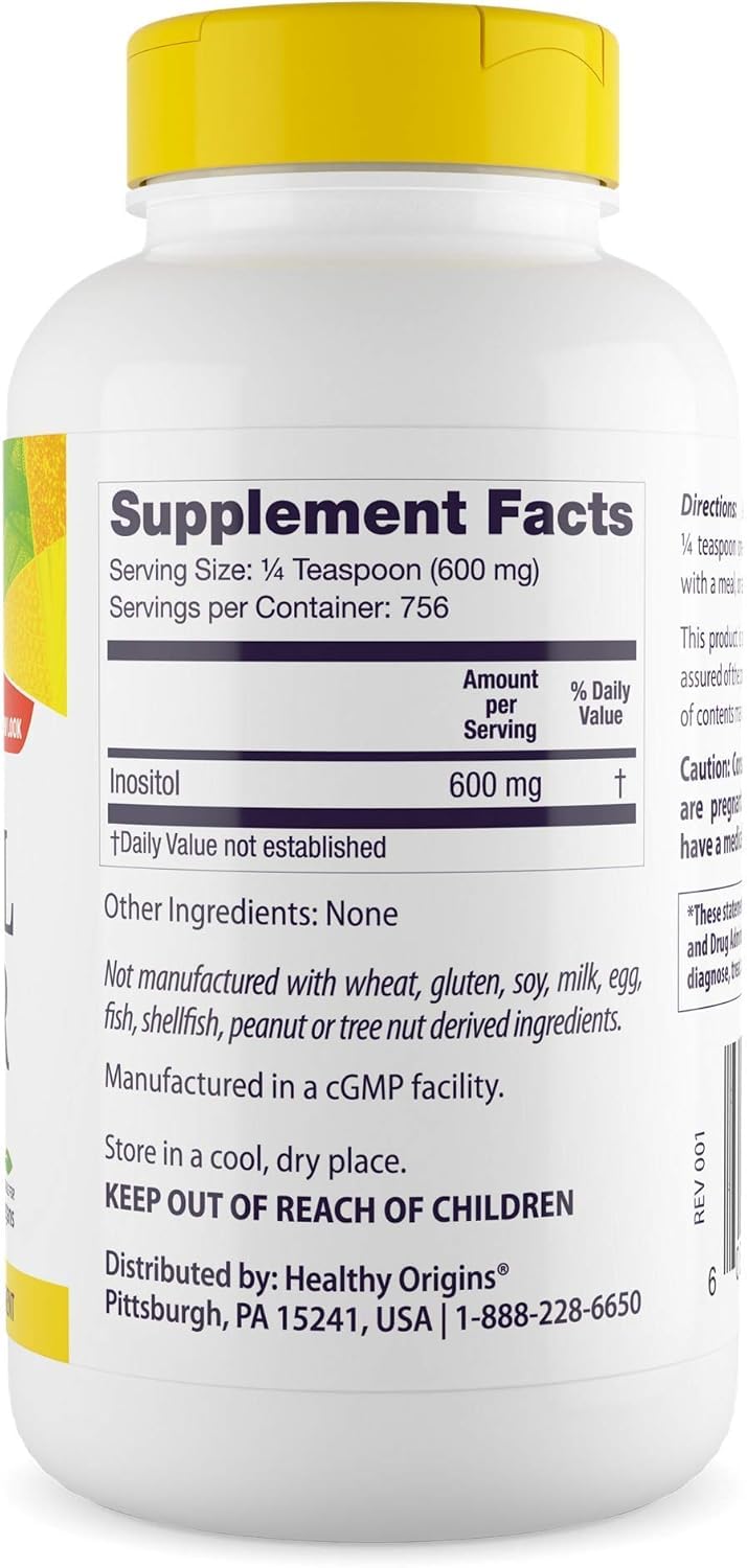 Close-up of Inositol Powder bottle label for Healthy Origins