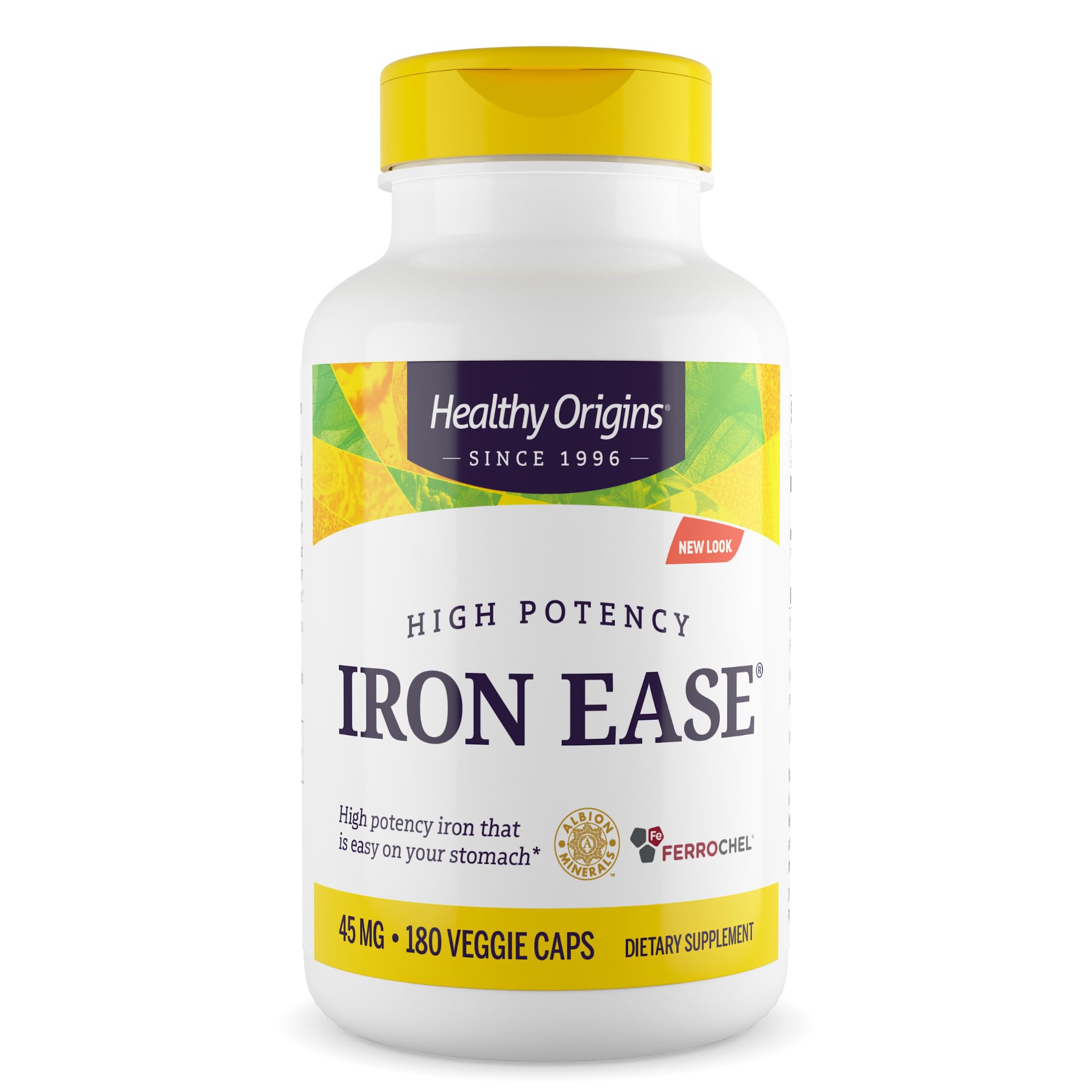 Bottle of Healthy Origins Iron Ease 45 mg with Ferrochel chelated iron label