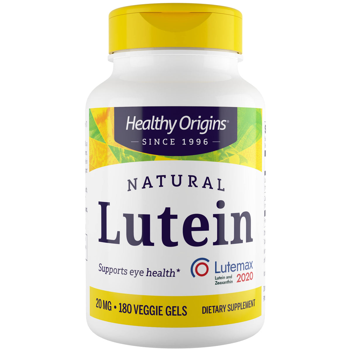 Healthy Origins Lutein 20 mg with Lutemax 2020 bottle label – 180 veggie gels