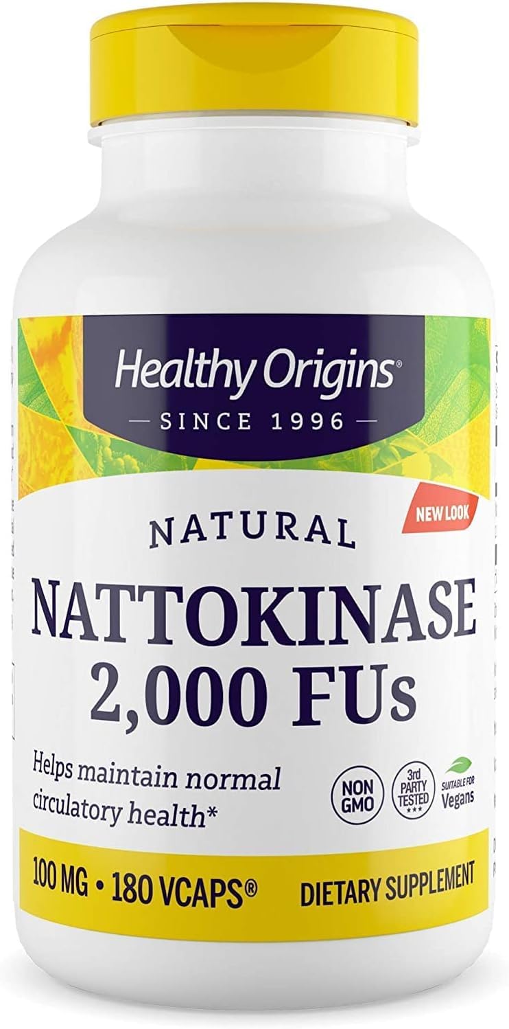 Healthy Origins Nattokinase bottle front with 180 veggie caps