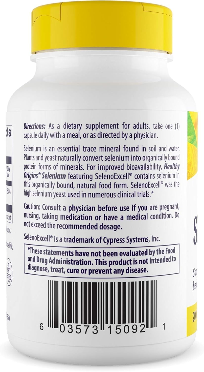 Front view of selenium bottle showing 180 capsules