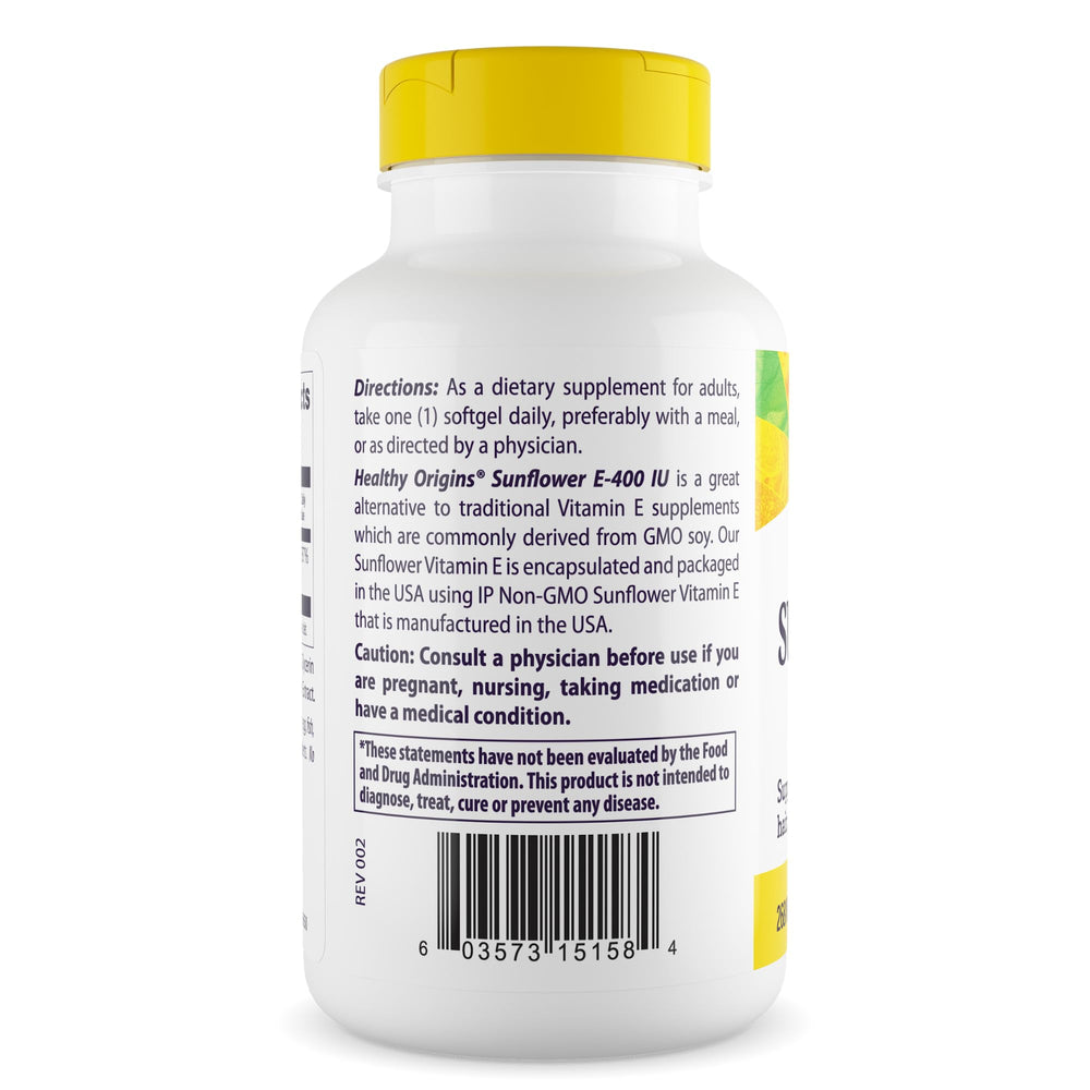 Label showing Non-GMO, Gluten Free, Soy Free on Vitamin E supplement