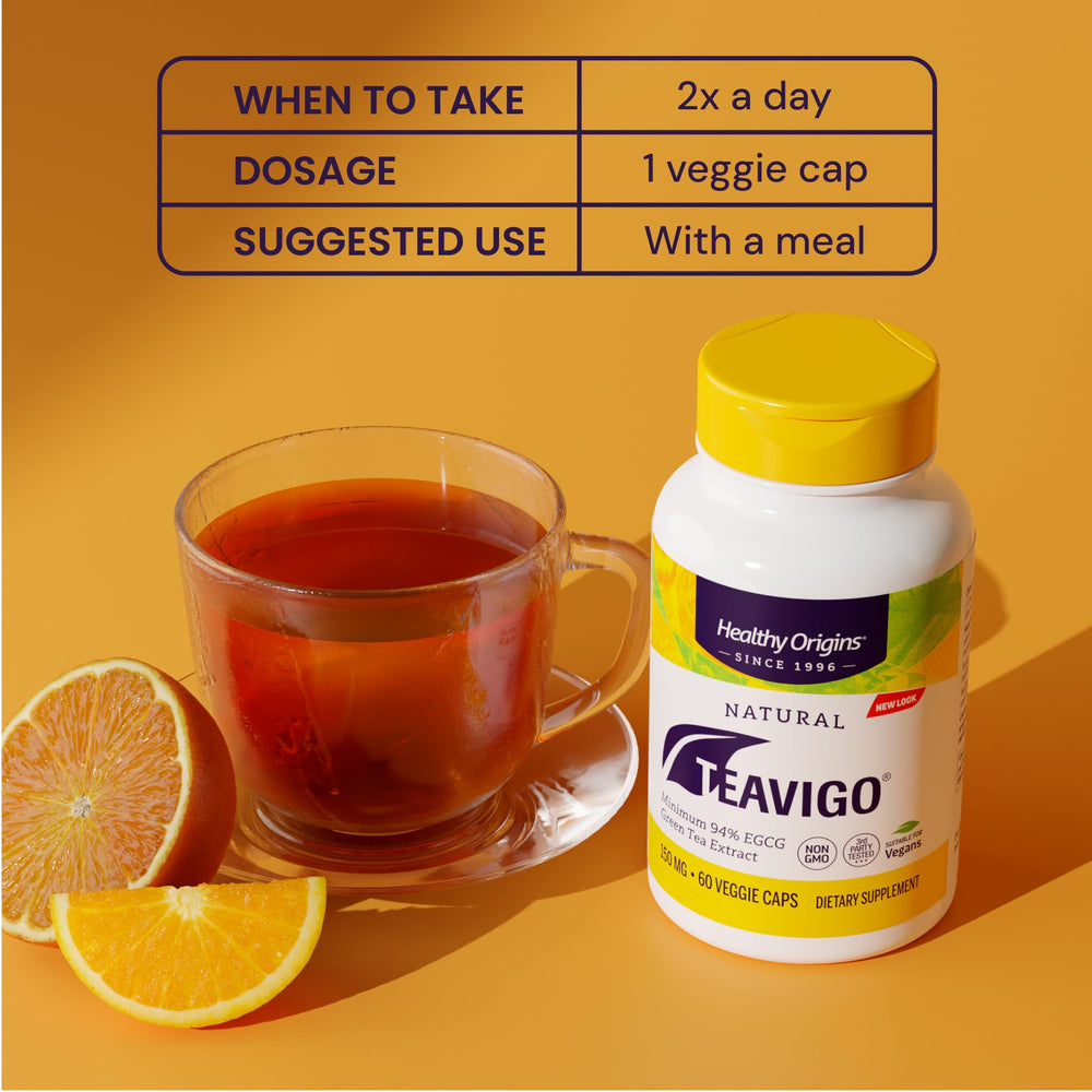 Healthy Origins Teavigo bottle with green tea leaves suggests premium formulation.