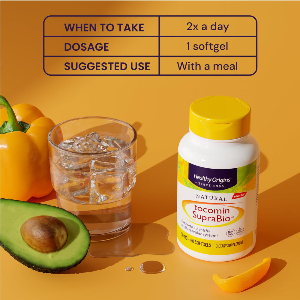 Healthy Origins Tocomin SupraBio heart health icons suggesting cardiovascular support.