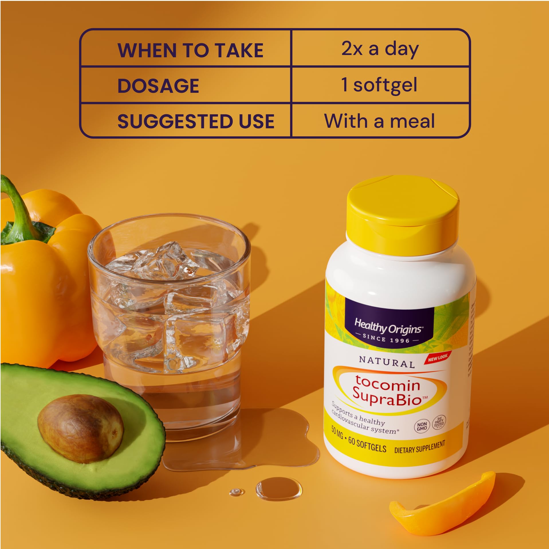 Healthy Origins Tocomin SupraBio heart health icons suggesting cardiovascular support.